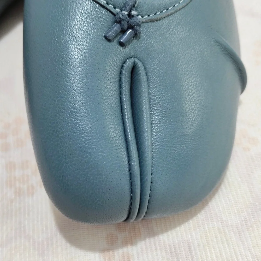 Maison Martin Margiela Teal Blue Leather Tabi Flats with Tan Strap
